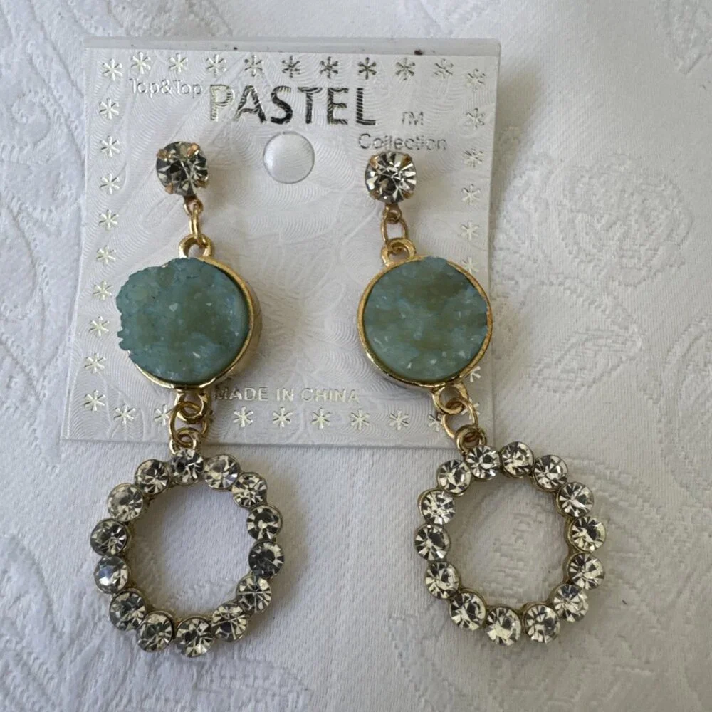Pastel Faux Blue Green Stone Crystal Gold Rhinestone Earrings Dangle Drop NEW